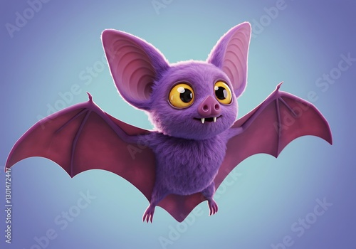 Adorable Purple Bat: A Cute, Fuzzy 3D Cartoon Illustration