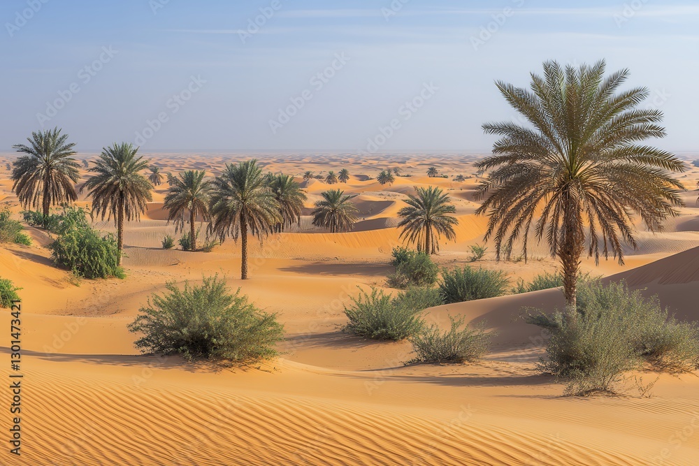 Lush palm oasis in vast desert landscape under clear blue sky Lush palm oasis in vast desert landscape under clear blue sky