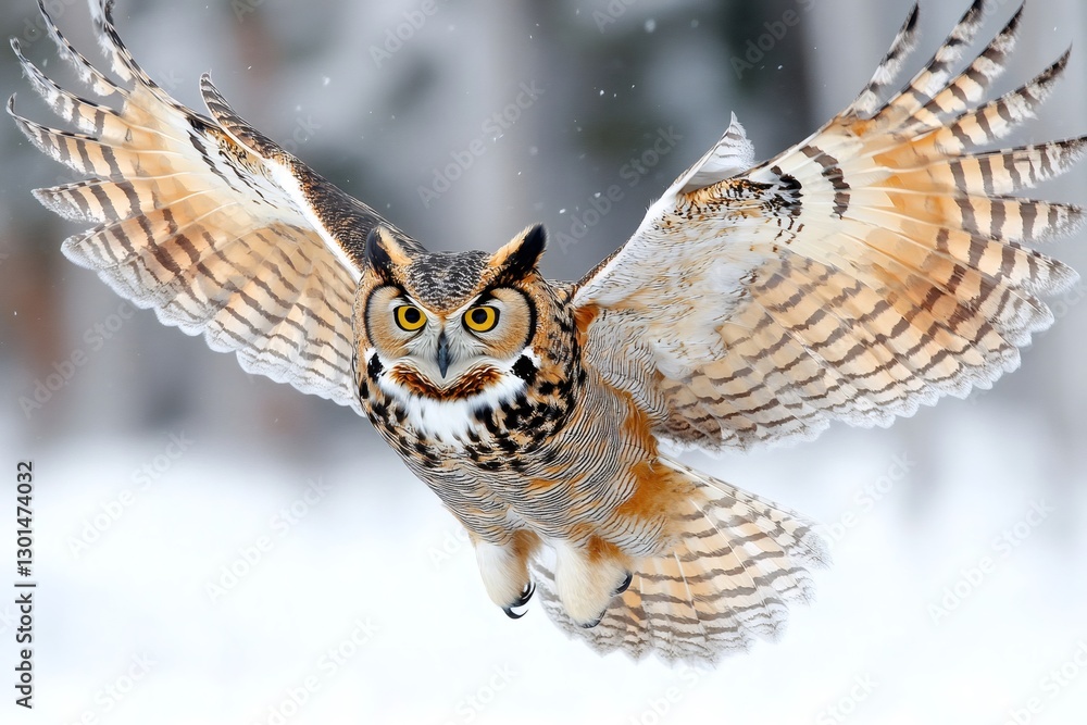 Great horned owl flying in winter wonderland Great horned owl flying in winter wonderland