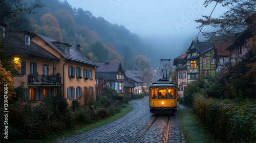 Misty Autumn Tram in Charming Village photo