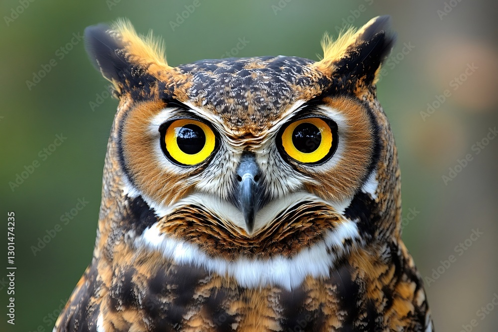 Great horned owl staring with intense yellow eyes and blurred green background Great horned owl staring with intense yellow eyes and blurred green background