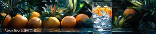 Refreshing Glass of Water with Orange Slices Surrounded by Tropical Fruits. Generative AI photo