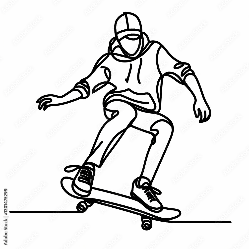 Fototapeta premium A teenager skateboarding, in one line black, white background