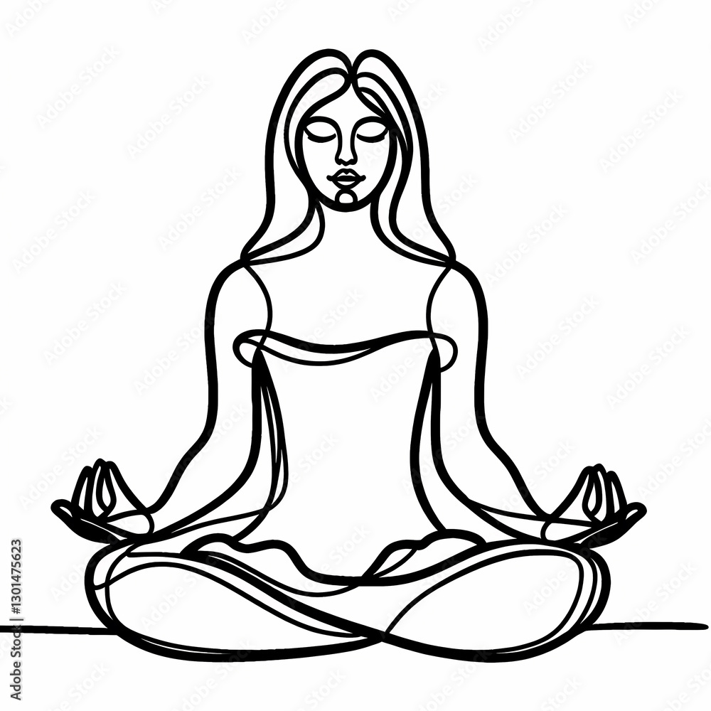 A person meditating in the lotus position, in one line black, white background A person meditating in the lotus position, in one line black, white background