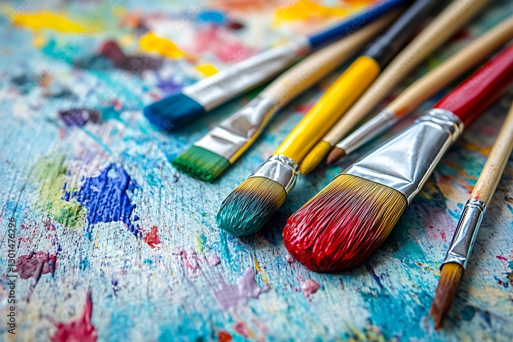 Fototapeta premium Colorful Paintbrushes on a Vibrant Artist's Palette