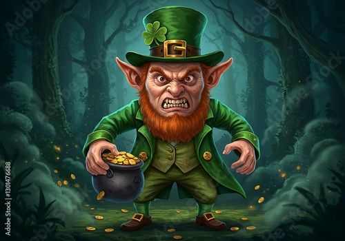 Angry Leprechaun: A Dark Fantasy Illustration of Gold and Forest