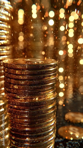 Stacked coins shimmer in a blurred, golden background