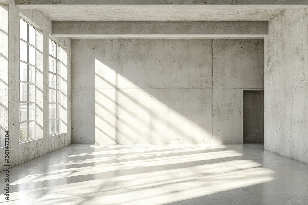 Fototapeta premium Modern concrete gallery interior with mock-up walls and white windows. AI generated illustration.