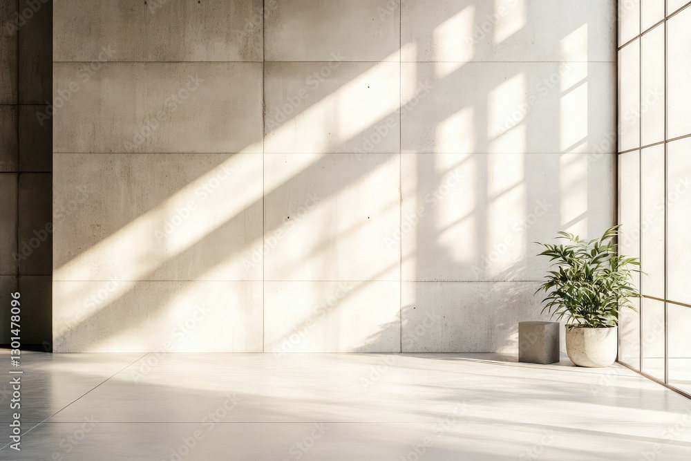Modern concrete interior with sunlight and empty wall mockup place. AI generated illustration. Modern concrete interior with sunlight and empty wall mockup place. AI generated illustration.