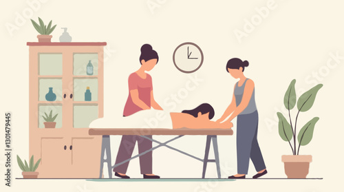Massage Therapy Illustration, Professional Masseuse in a Relaxing Spa Environment