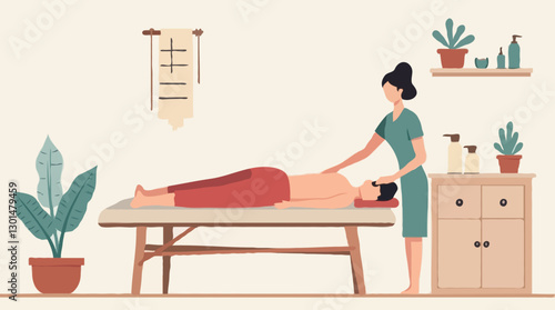 Massage Therapy Illustration, Professional Masseuse in a Relaxing Spa Environment