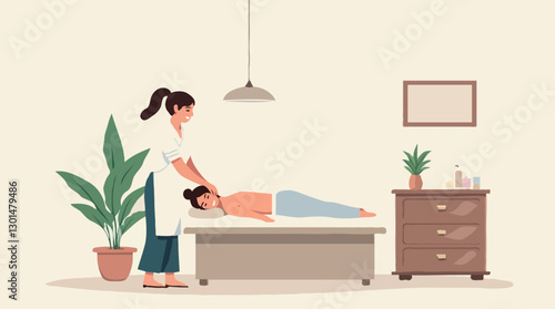 Massage Therapy Illustration, Professional Masseuse in a Relaxing Spa Environment