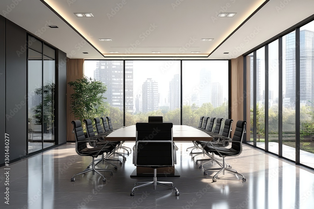 Fototapeta premium Modern conference room with sleek design and large windows. AI generated illustration.
