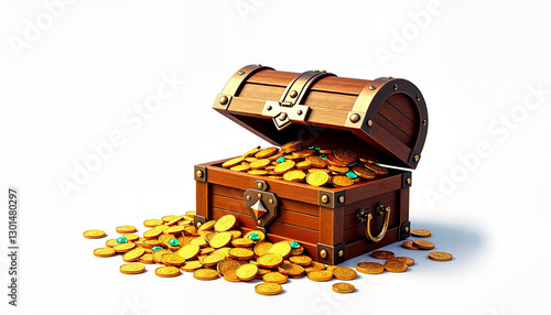 Treasure chest overflowing with gold coins and gemstones on white background