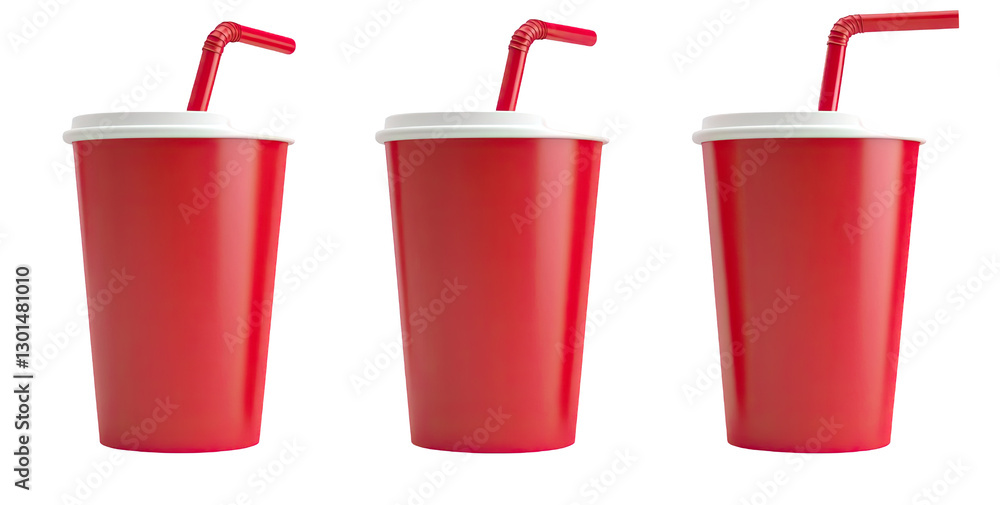 3D red paper cup with straw, photographed from different angles, on a white background