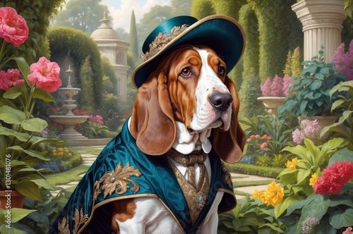 A regal basset hound posed in an ornate garden wearing a luxurious outfit and hat during a sunny afternoon