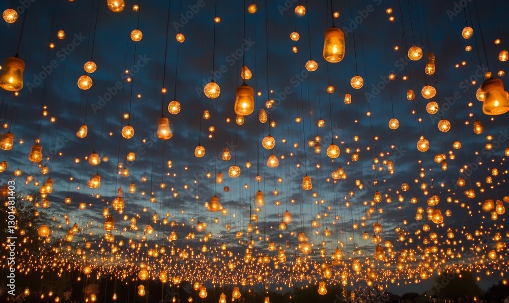 Naklejka premium Glowing lights hanging against beautiful dark sky.