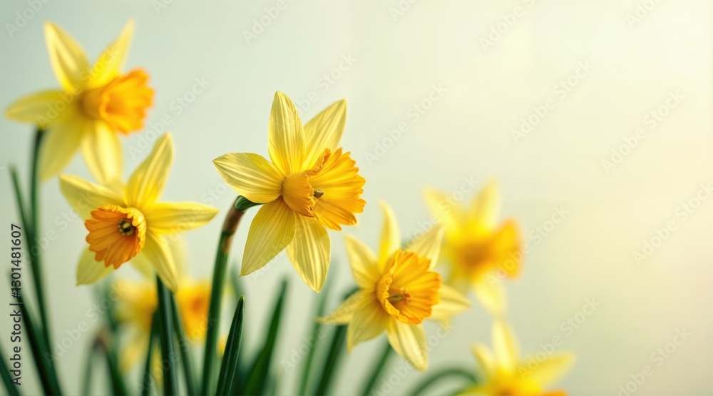 Cluster of vibrant yellow daffodils with golden centers, soft-focus background in pale gray, delicate pointed petals, green foliage contrast, diffused natural light, airy and serene springtime beauty Cluster of vibrant yellow daffodils with golden centers, soft-focus background in pale gray, delicate pointed petals, green foliage contrast, diffused natural light, airy and serene springtime beauty