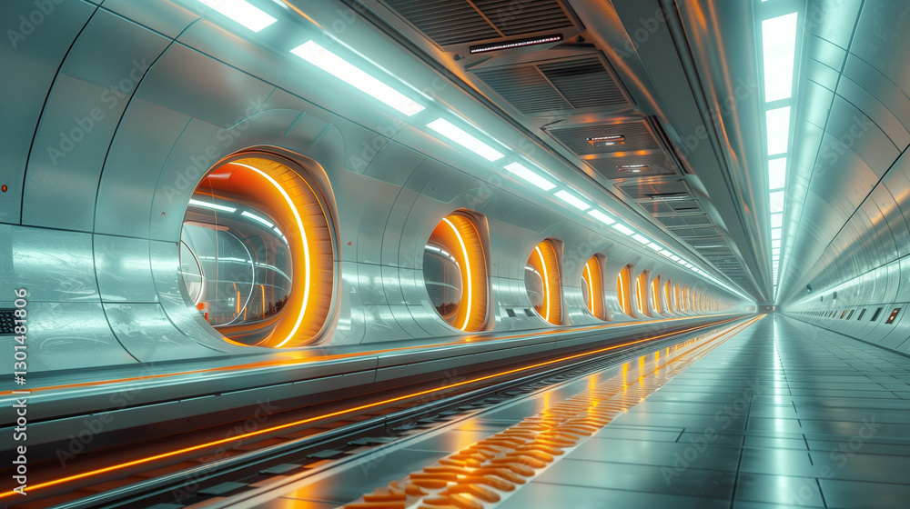 Futuristic transportation tunnel with orange LED lights, advanced technology and transportation concept Futuristic transportation tunnel with orange LED lights, advanced technology and transportation concept