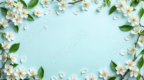 Floral border of white cherry blossoms and vibrant green leaves, soft blue background, scattered petals, elegant minimalist arrangement, serene and fresh spring-inspired flat lay composition