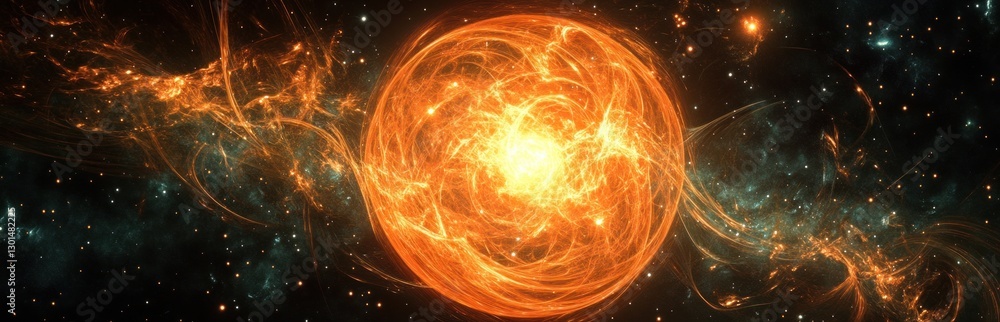 Fototapeta premium Fiery cosmic sphere in swirling nebula.