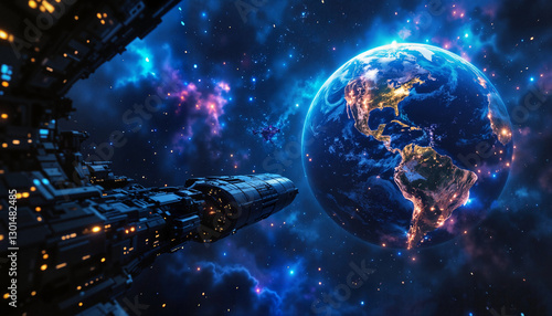 Spaceship approaching Earth from space, vivid colors, cosmic scene, digital art