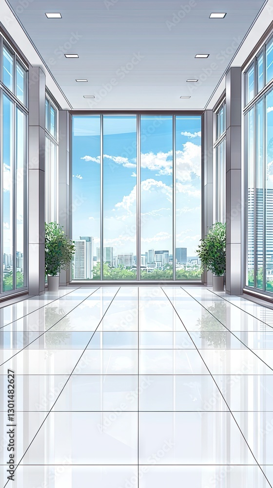 Fototapeta premium Empty modern office hallway with city view. Possible use Background for social media