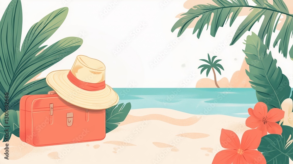 Obraz premium Summer travel setup on a sandy beach with suitcase, hat, and tropical elements for a relaxing getaway