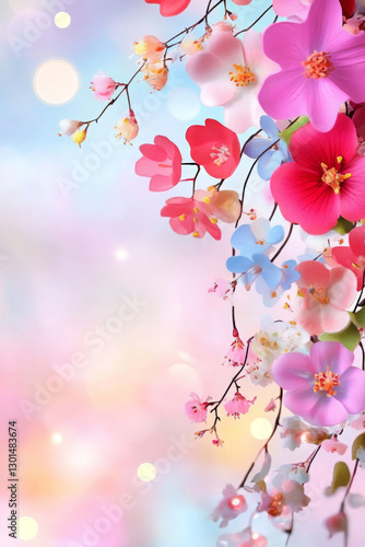 Colorful floral blossoms create gentle, romantic and joyful background