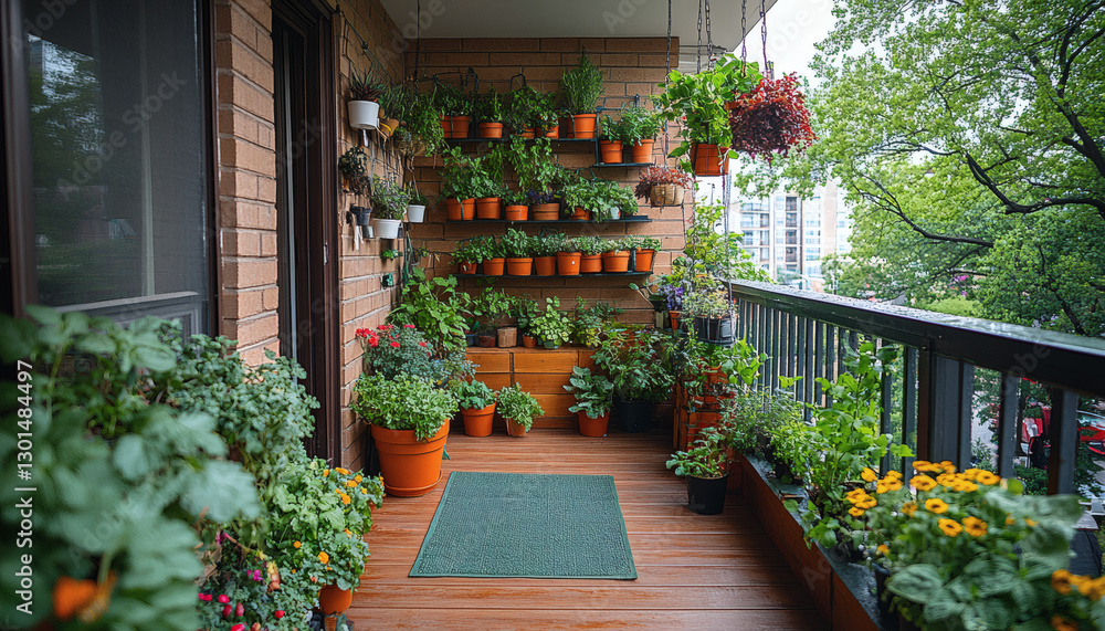 Naklejka premium Urban Balcony Garden Filled With Colorful Plants