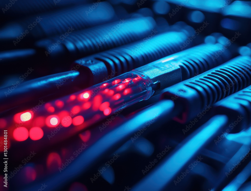 Intermixed computer cables in blue and red hues illustrate the complex world of digital technology during a late-night work session Intermixed computer cables in blue and red hues illustrate the complex world of digital technology during a late-night work session