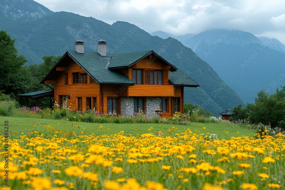 Fototapeta premium Wooden chalet nestled in blooming meadow with majestic mountain backdrop