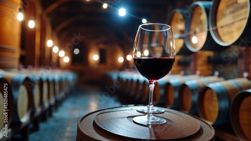 Red wine glass in a wooden wine cellar