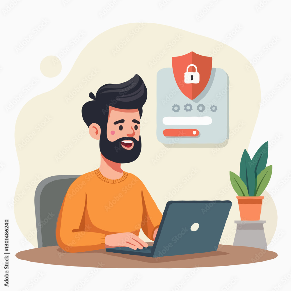 Cartoon Man Using Laptop, Online Security and Digital Privacy Illustration Cartoon Man Using Laptop, Online Security and Digital Privacy Illustration