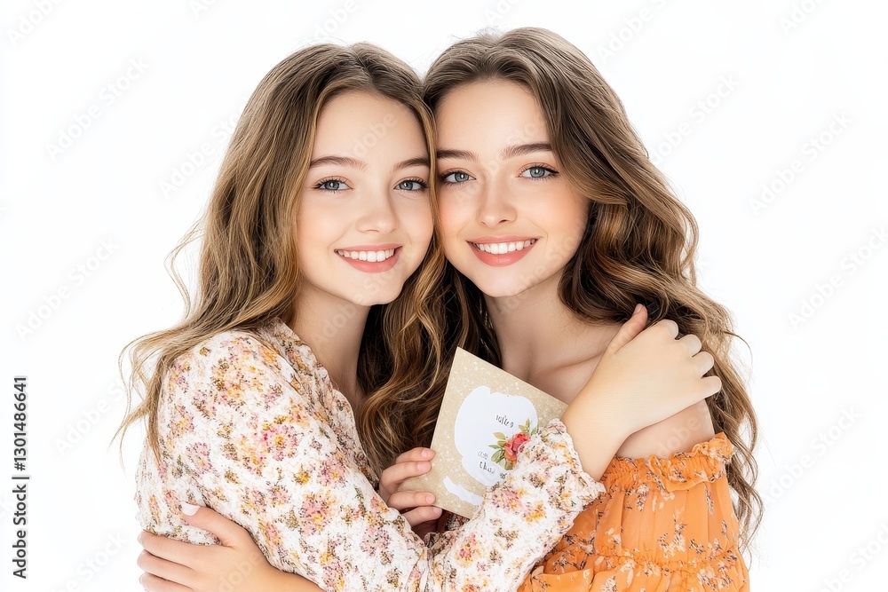 A joyful Mother's Day greeting card featuring a beautiful woman embracing her adorable daughter against a white background A joyful Mother's Day greeting card featuring a beautiful woman embracing her adorable daughter against a white background