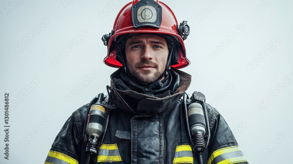 Fototapeta premium Smiling firefighter in protective uniform and red helmet