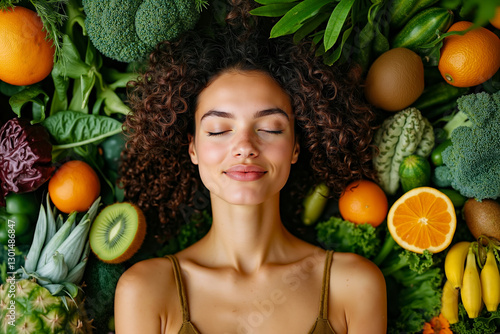 A woman laying on top of a pile of fruits and vegetables
