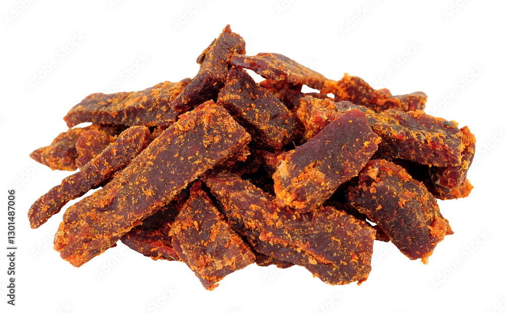 Group of jerky smoked chipotle steak strips marinated rump steak isolated on a white background Group of jerky smoked chipotle steak strips marinated rump steak isolated on a white background