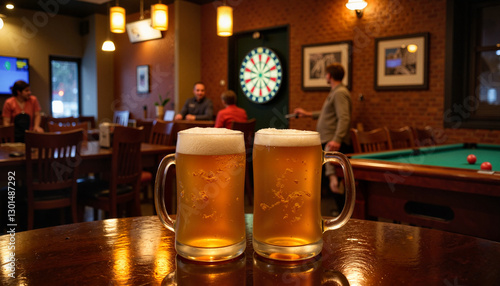Glasses of beer on table in lively pub atmosphere