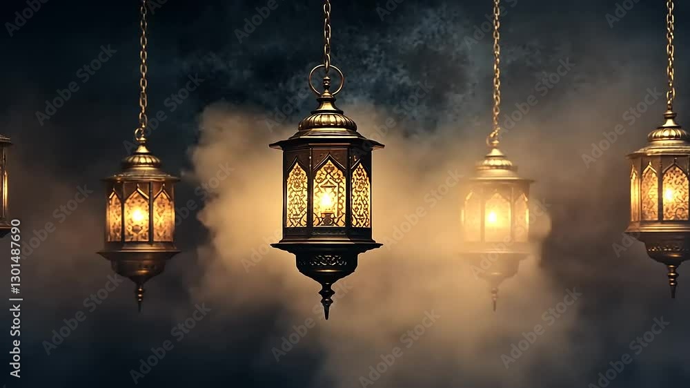 Five ornate lanterns glow softly in a misty, dark atmosphere, creating a mystical ambiance. Five ornate lanterns glow softly in a misty, dark atmosphere, creating a mystical ambiance.