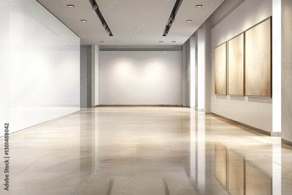 Modern gallery showroom with an abstract empty wall. AI generated illustration. Modern gallery showroom with an abstract empty wall. AI generated illustration.