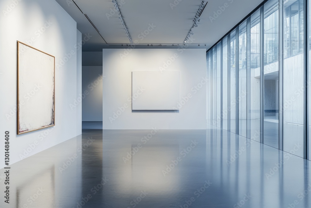 Modern gallery showroom with an abstract empty wall. AI generated illustration. Modern gallery showroom with an abstract empty wall. AI generated illustration.