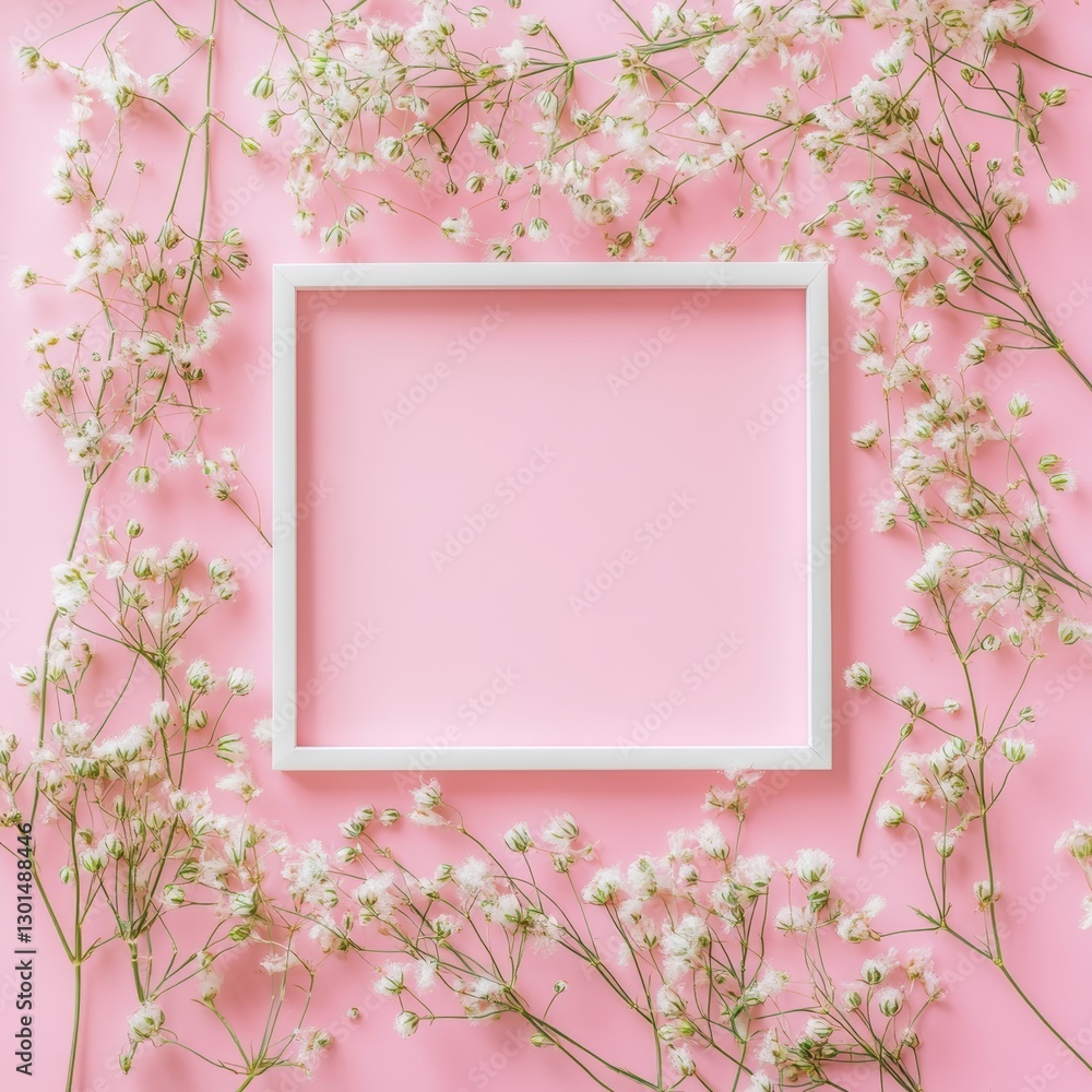 Creative spring greeting card design featuring branches of white and pink gypsophila along with fresh carnations in a square photo frame on a pastel pink background. Perfect for birthdays and Creative spring greeting card design featuring branches of white and pink gypsophila along with fresh carnations in a square photo frame on a pastel pink background. Perfect for birthdays and