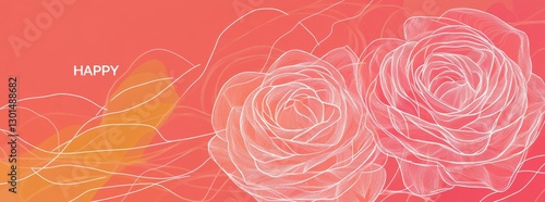 Happy Mother's Day modern greeting cards featuring beautiful flowers and hearts. A single line drawing of a rose on a pink background, minimalist style, perfect for a banner