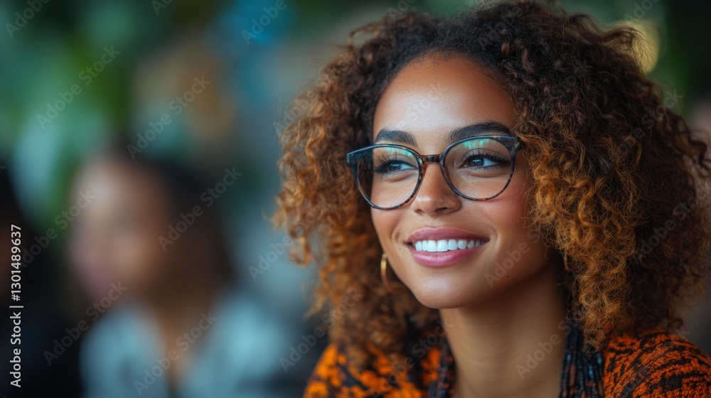 Smiling young woman with curly hair and glasses sitting at a cafe with a friendly vibe. Generative AI Smiling young woman with curly hair and glasses sitting at a cafe with a friendly vibe. Generative AI