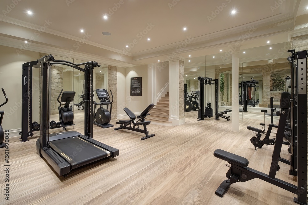 Modern gym interior with sleek equipment and open space. AI generated illustration. Modern gym interior with sleek equipment and open space. AI generated illustration.