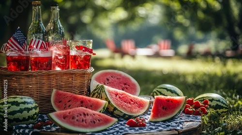 A picnic basket with fresh watermelon slices and cold drinks on a blanket with an American flag decoration in a sunny park. Generative AI