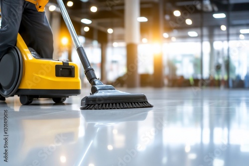 Worker cleaning floor with industrial vacuum cleaner.