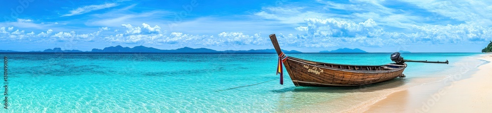 Fototapeta premium Idyllic Krabi Beach Scene: Long-tail Boat Resting on the Shoreline