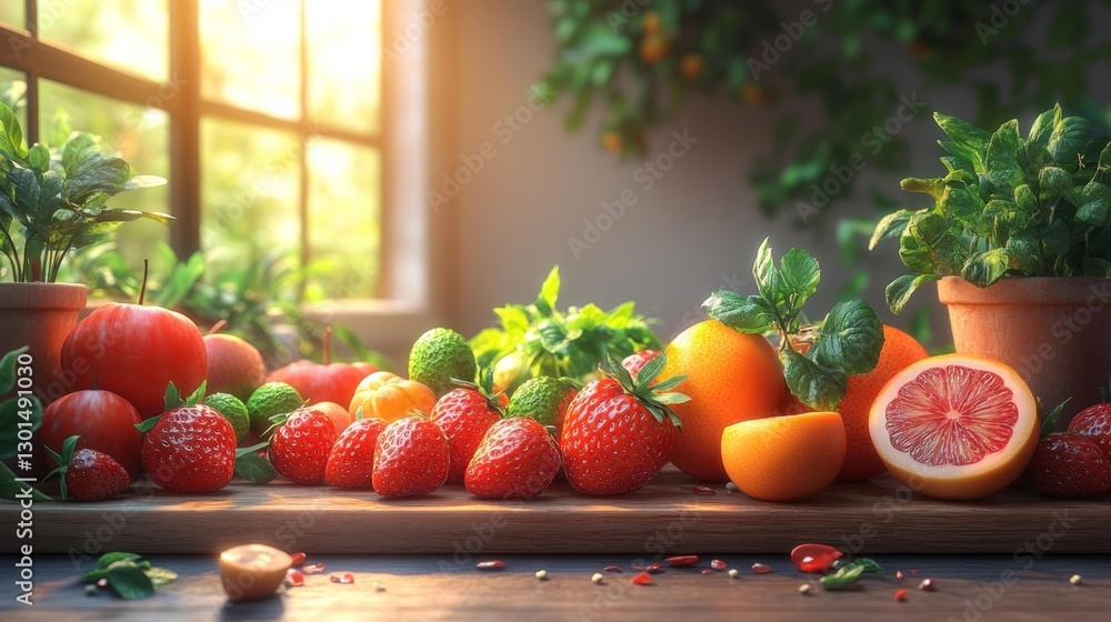 Sunlit kitchen with vibrant strawberries tomatoes and oranges surrounded by fresh herbs. Generative AI Sunlit kitchen with vibrant strawberries tomatoes and oranges surrounded by fresh herbs. Generative AI